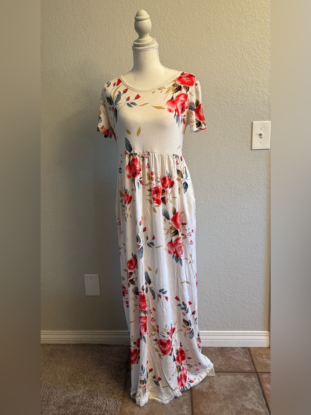 White Maxi Dress with Pink Rose Print